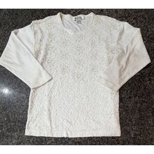 Eminent Vintage Ivory Lace Pearl Beaded Long Sleeve Top Cotton Womens Medium